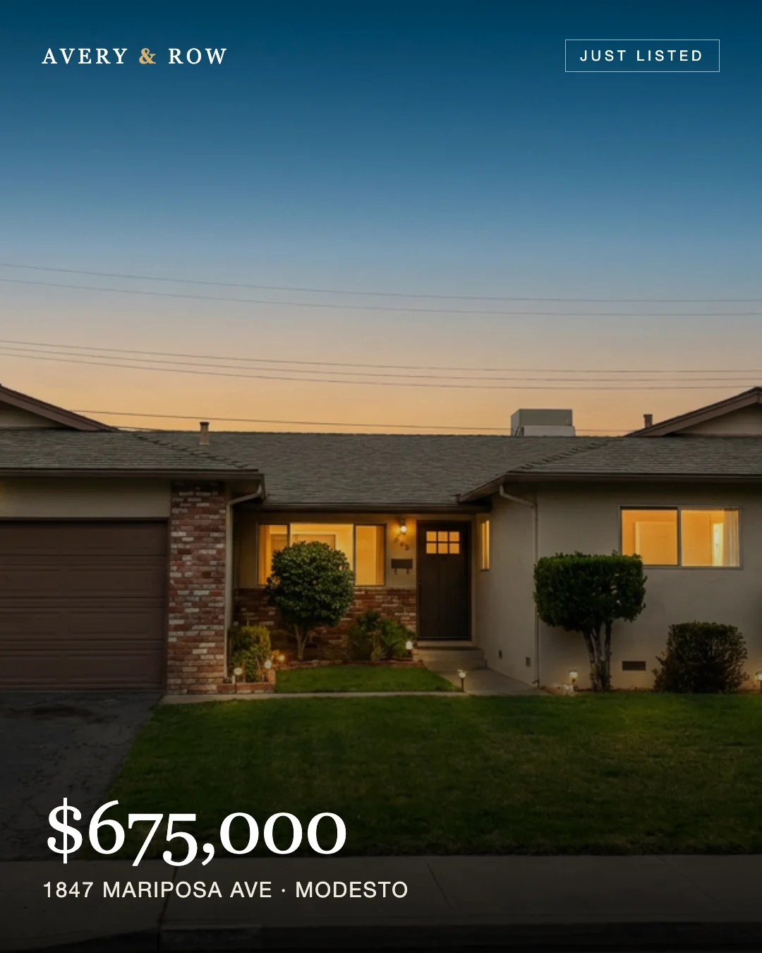 Carousel slide 1 — the listing hero at dusk