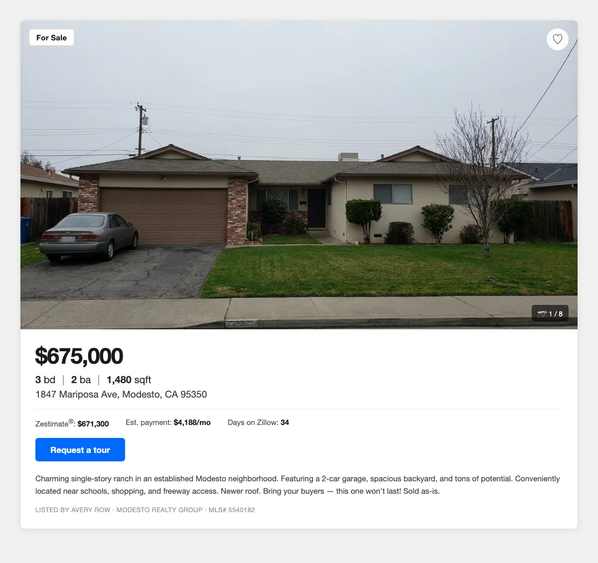 The ordinary Zillow listing card you start with (demo mockup)
